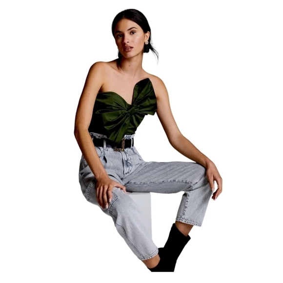 Anthropologie Hutch Dark Satin Green Bow Tie Tube Zip Up Top Blouse Size L - Picture 4 of 12